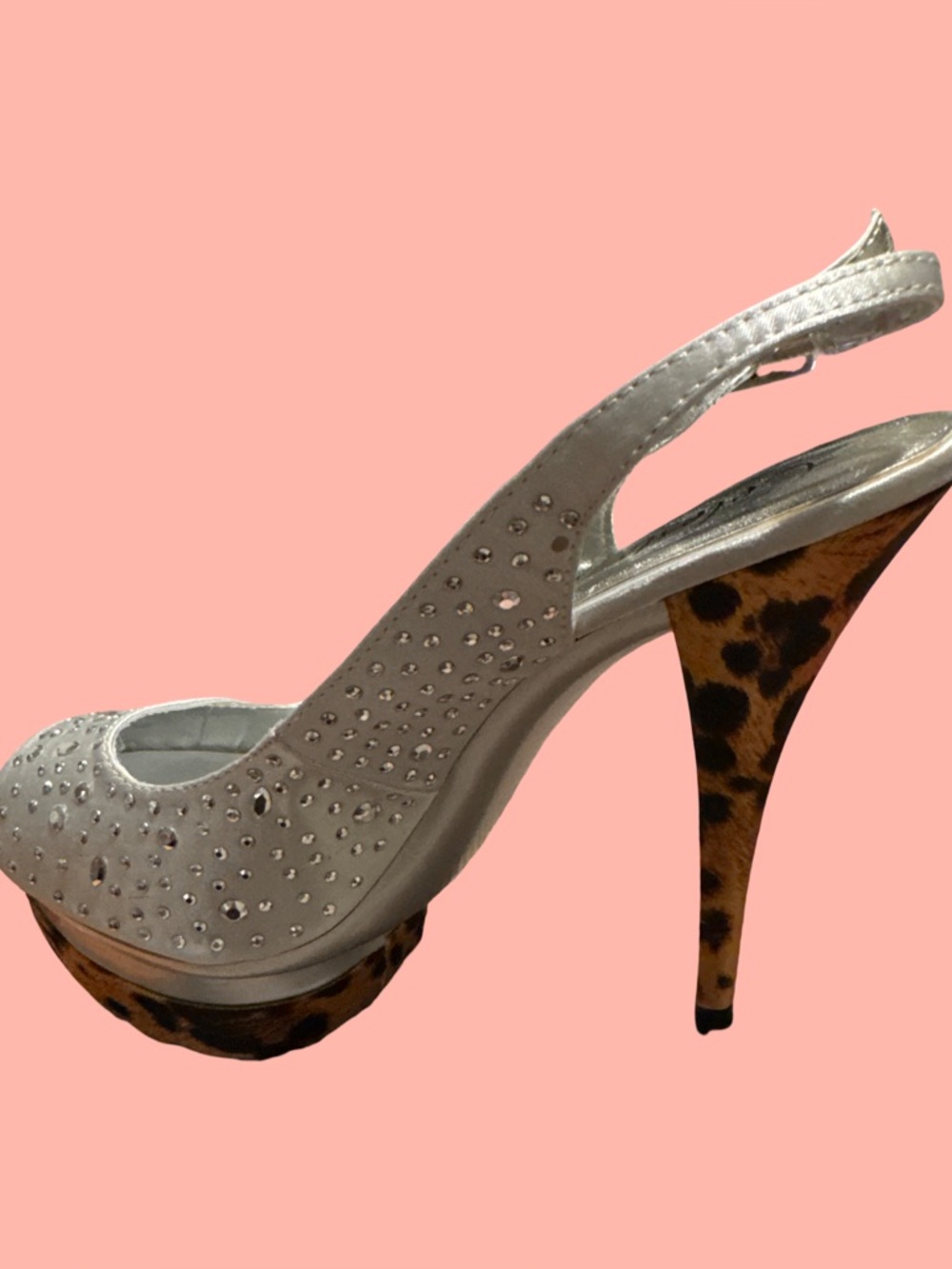 Celeste Silver Crystal Slingback Heels with Leopard-Print Platform
